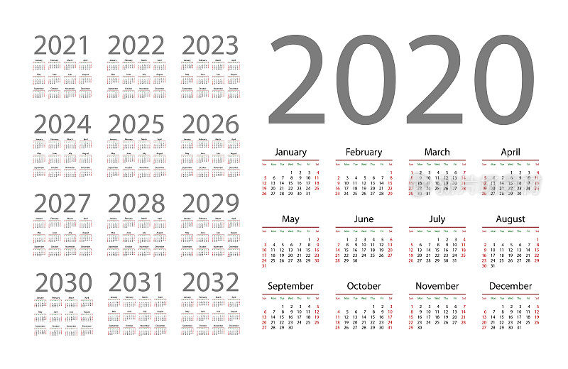 English calendar for years 2020-2032, week starts on Sunday